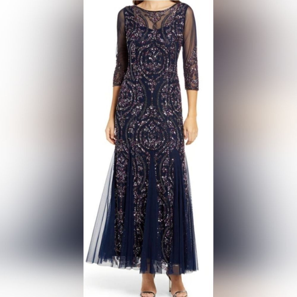 Pisarro Nights Beaded Illusion Three-Quarter Sleeve Gown NWT sz 8 Navy Blue